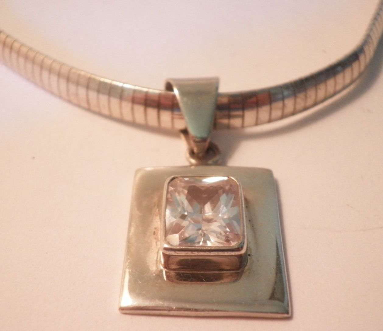 Sterling Silver 16″ Chain Necklace 7mm w/ Crystal Pendant 36.1 Grams-Excellent!