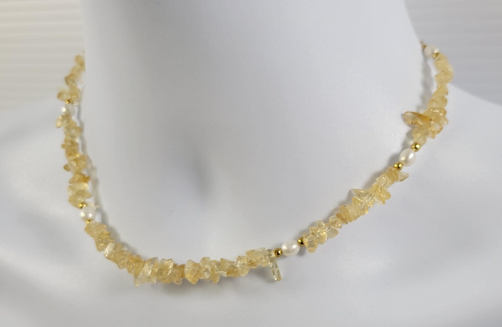 *B3) Citrine Chip and Pearl 16.5″ Beach Necklace