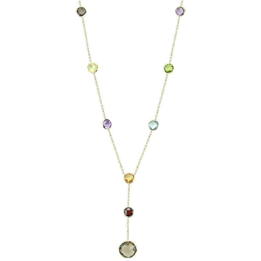 14K Yellow Gold Fancy Cut Gemstones Necklace With A Drop 16 Inches