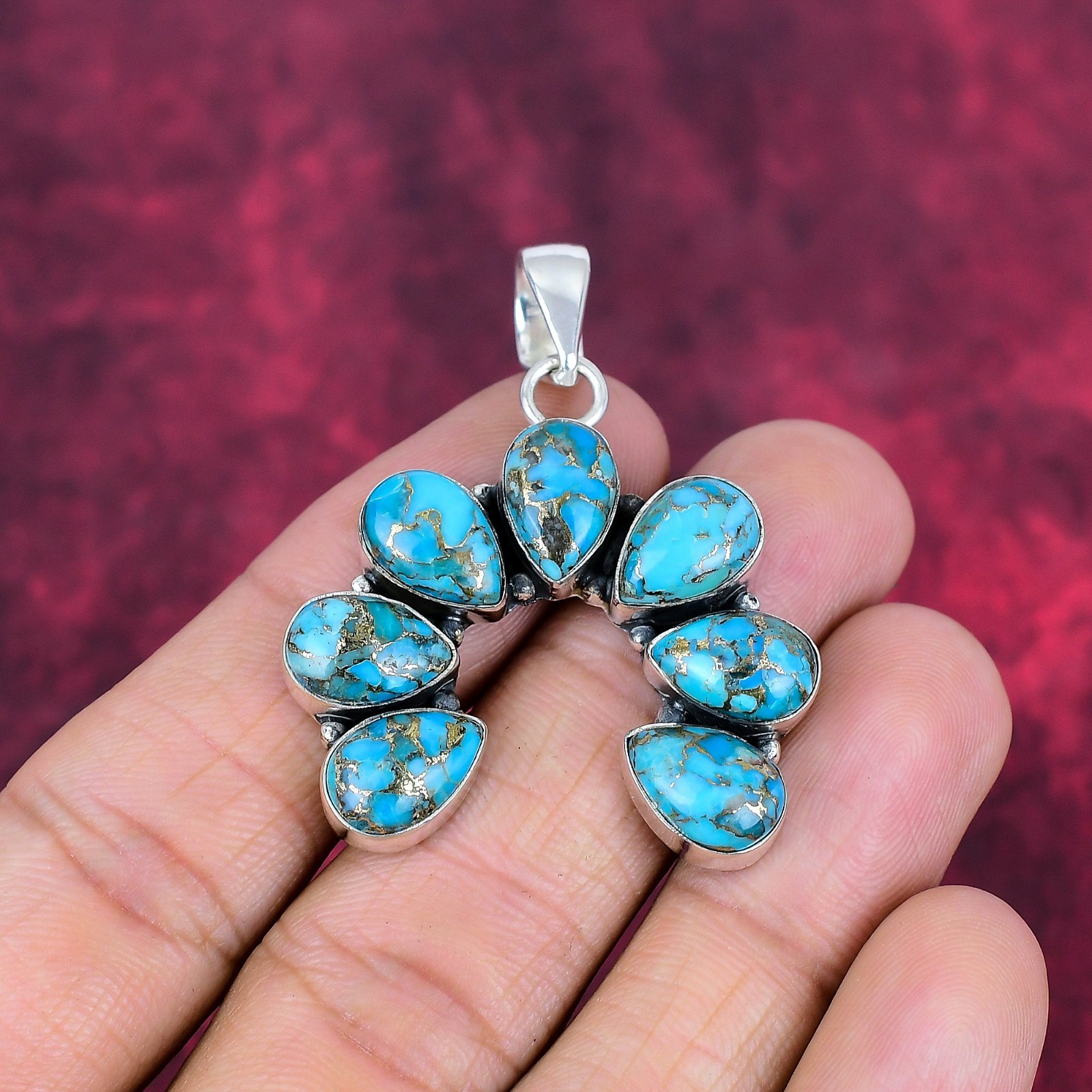 Blue Copper Turquoise Gemstone Handmade 925 Sterling Silver Pendant Jewelry