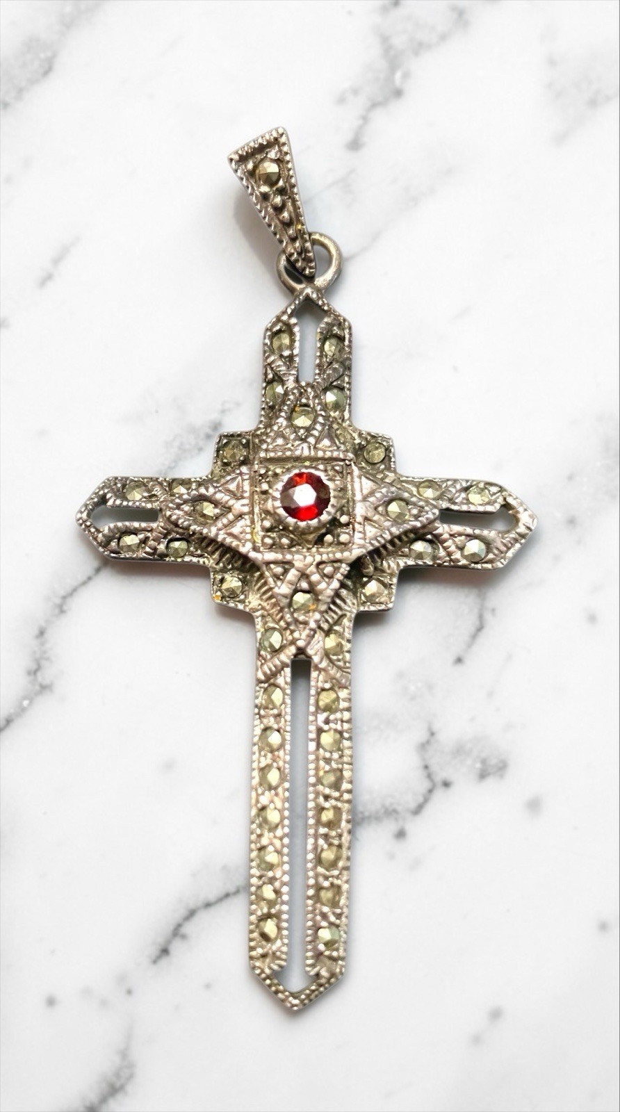 VTG Thai 925 Sterling Silver Red Stone MARCASITE Cross Pendant Gothic Art Deco