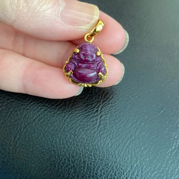 14K Solid Real Gold Laughing Male Buddha Natural Ruby Carved Pendant – Kid Size