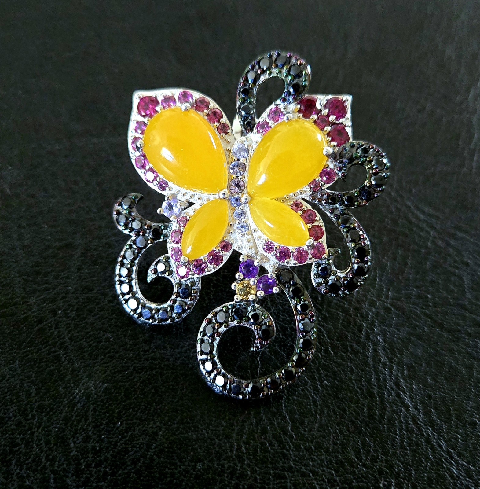 🦋BIG HONEY JADE, TANZANITE ++ 925 STERLING MULTI GEM BUTTERFLY ENHANCER PENDANT