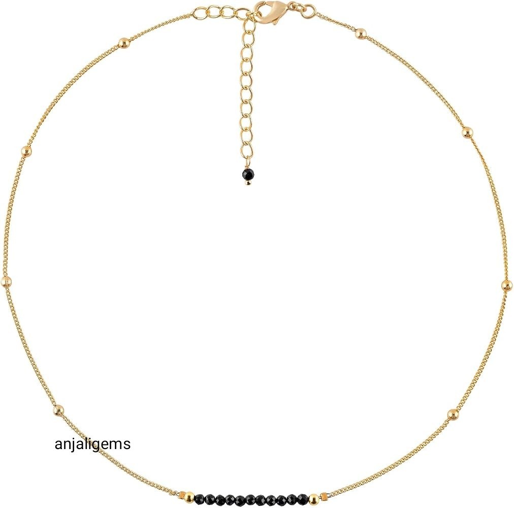 18K Yellow Gold Finished Over AA+Black Sapphire Beads Chain Necklace In925Silver