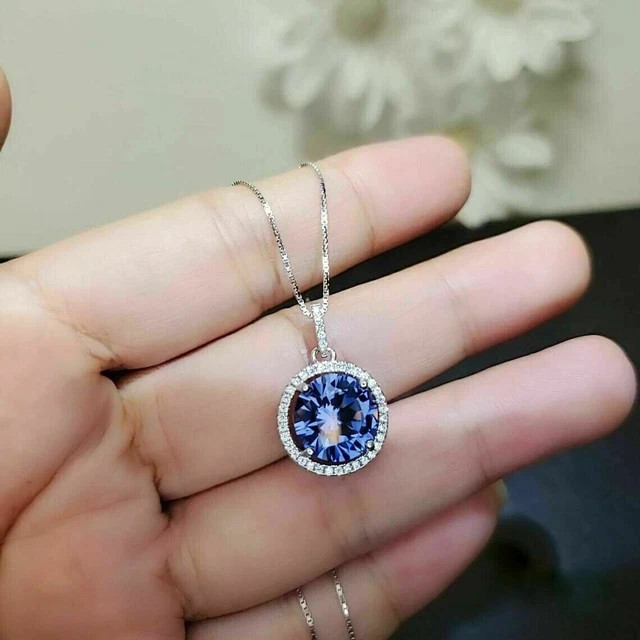 3Ct Round Tanzanite & Diamond Halo Pendant 14K White Gold Finish Free Chain