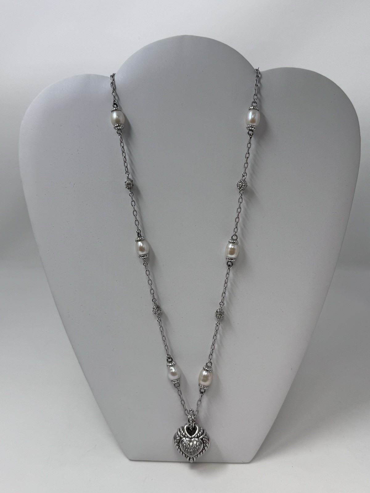 Judith Ripka Sterling Silver Pearl CK 925 Heart Pendant Station Necklace 20”