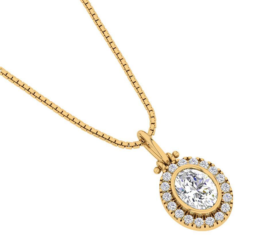 Round Oval Diamond Cluster Pendant Necklace I1 K 1.32 Ct 14K Yellow Gold 0.78In