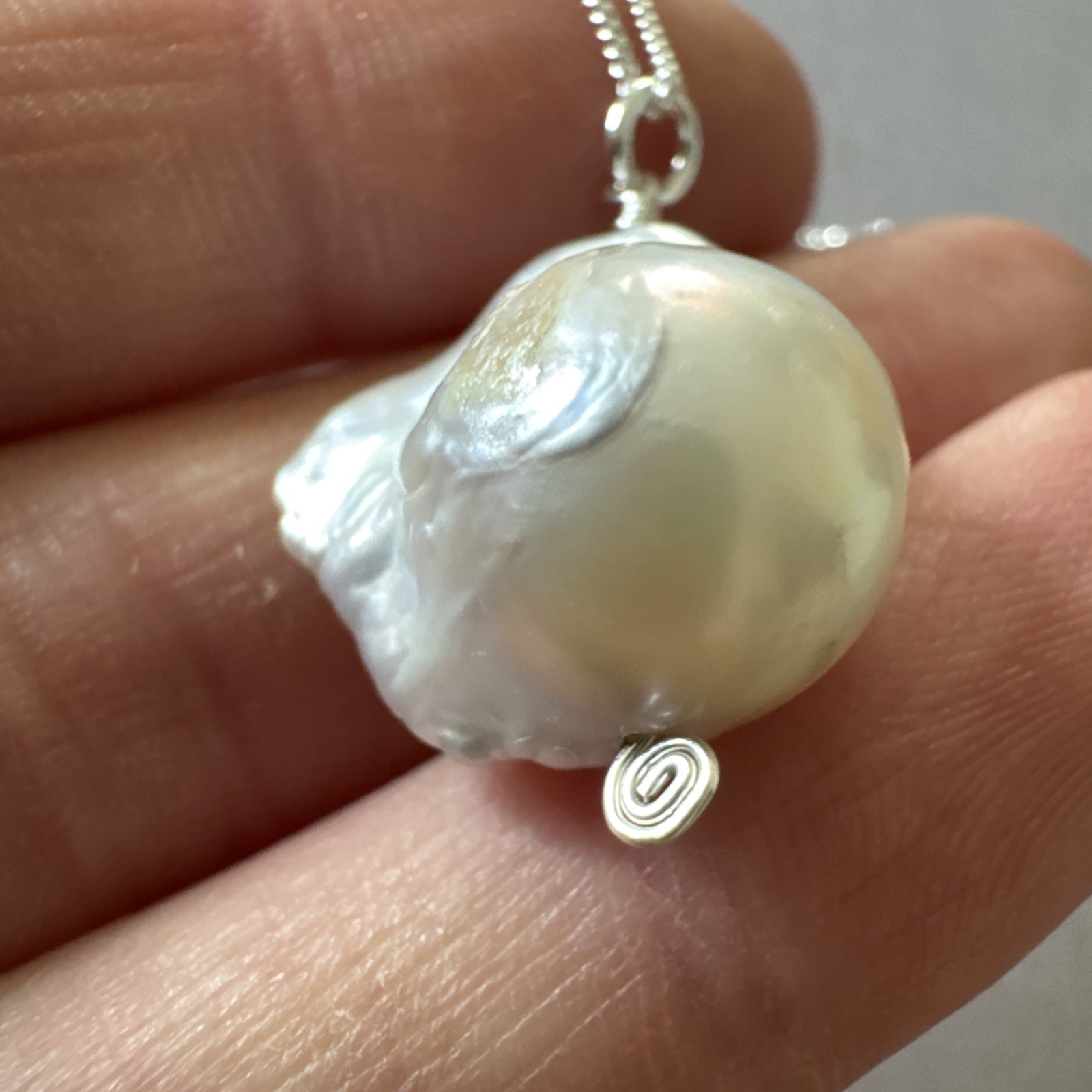 Sterling Silver 925 21mm Freshwater Pearl Pendant Italy 18” Curb Chain Necklace