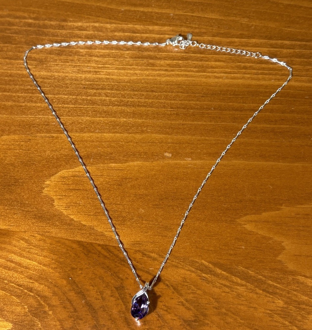925 Sterling Silver Natural Amethyst Necklace Oval Pendant 18″ Bar Link