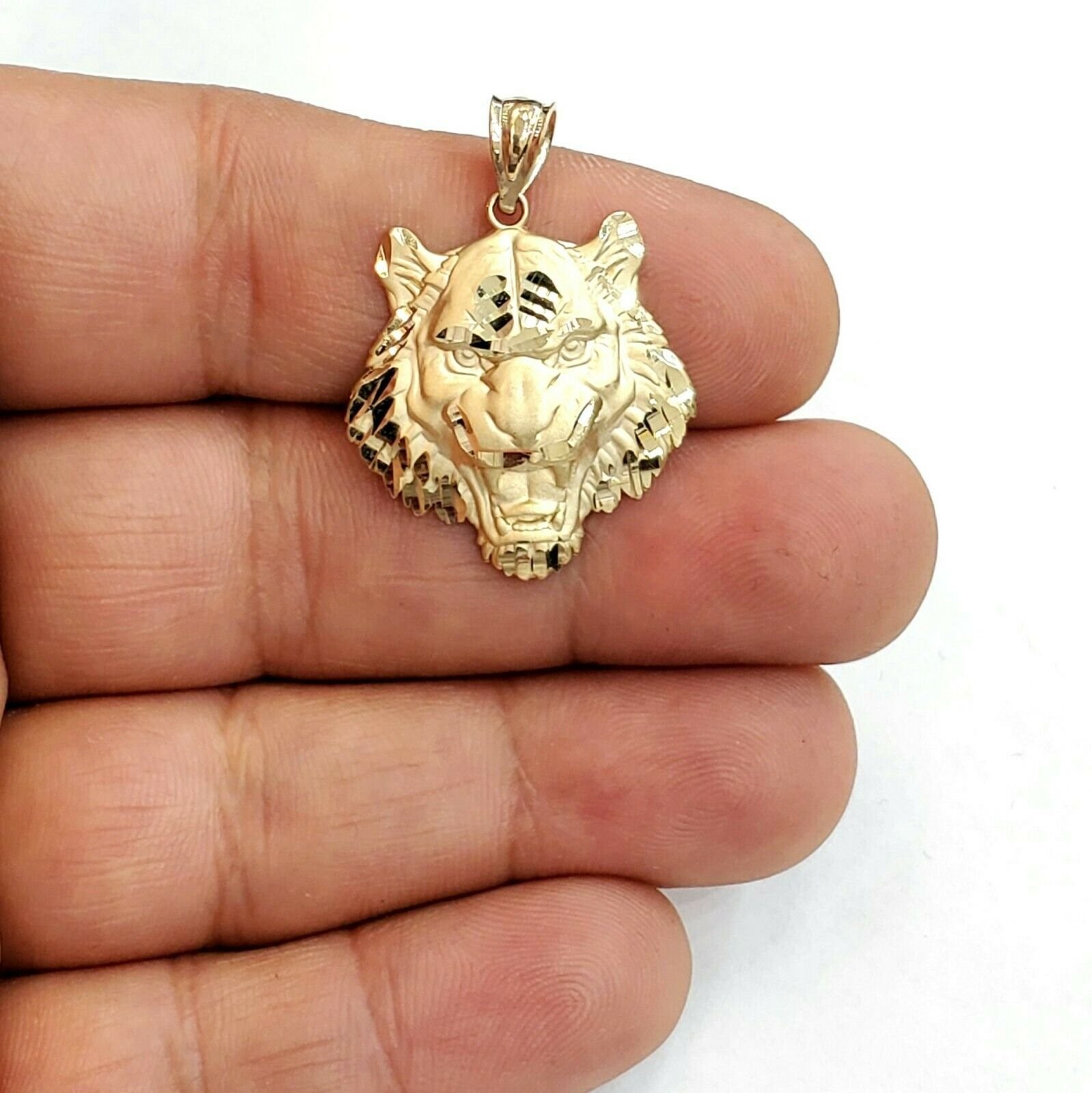 14k yellow solid Gold tiger male head face Pendant diamond cut fine jewelry 3.8g