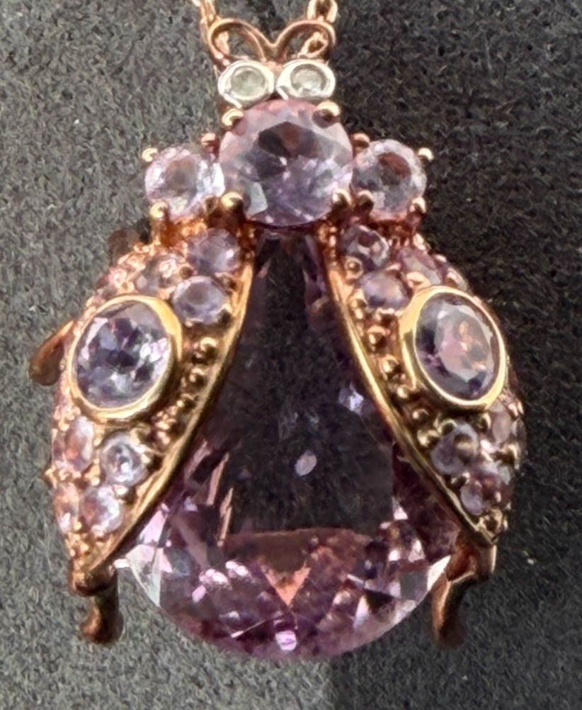 Vintage ATR Bug Brooch Pendant Vermeil Sterling Amethyst Diamond Eyes 18″ Chain