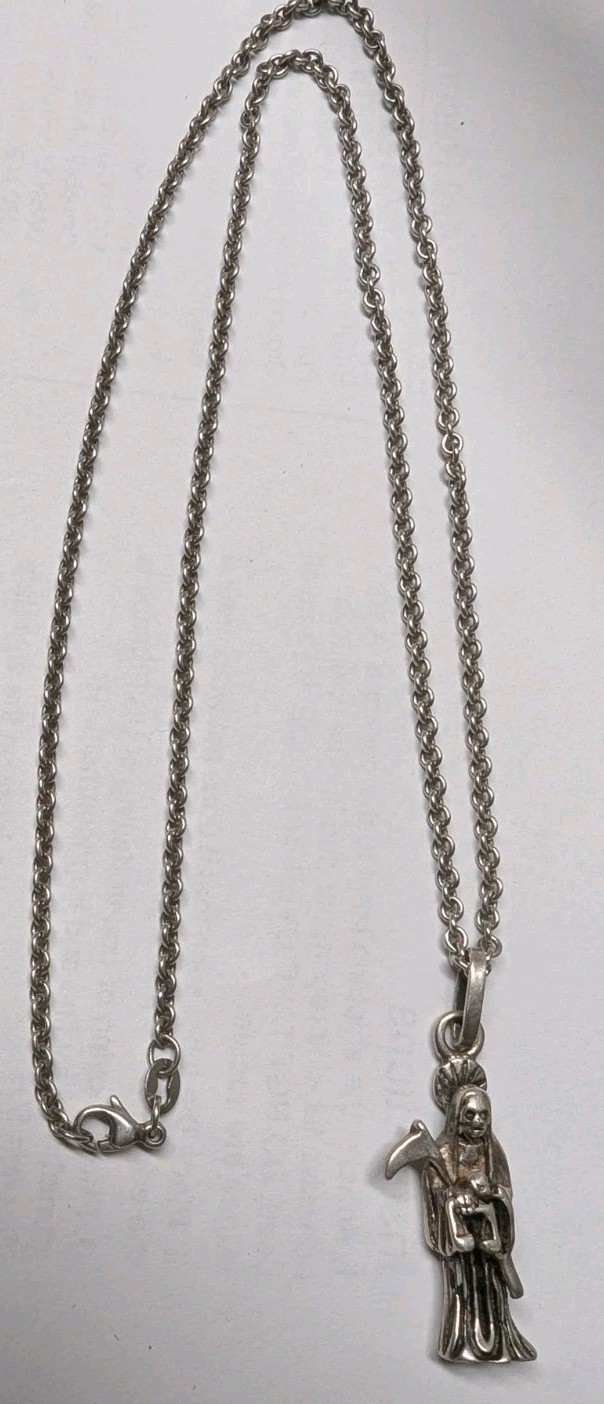 Sterling Silver Santa Muerte / Grim Reaper Pendant on Necklace Masrked “Avery”