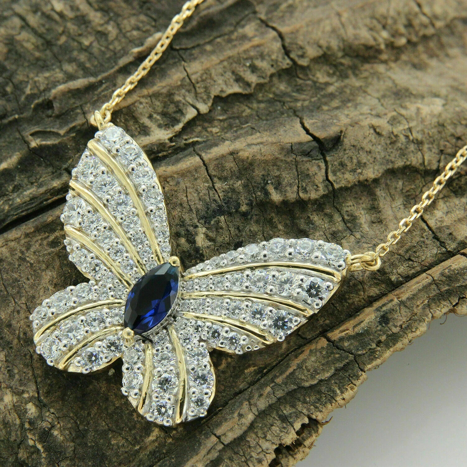 3 CT Blue Sapphire Marquise Pave Diamond Butterfly Necklace 14k Yellow Gold Over