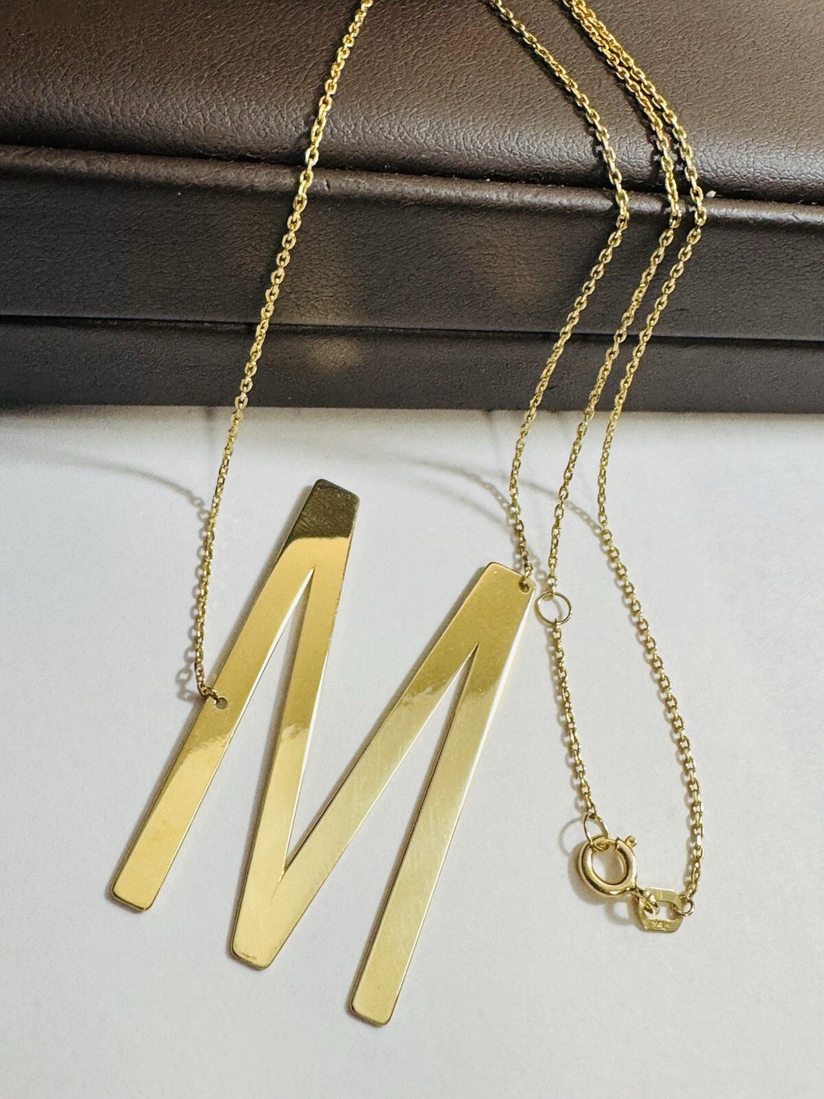 18K 750 Dubai Fine Gold Letter M initial Necklace 16.5/17.5” Long 1mm 5.2g