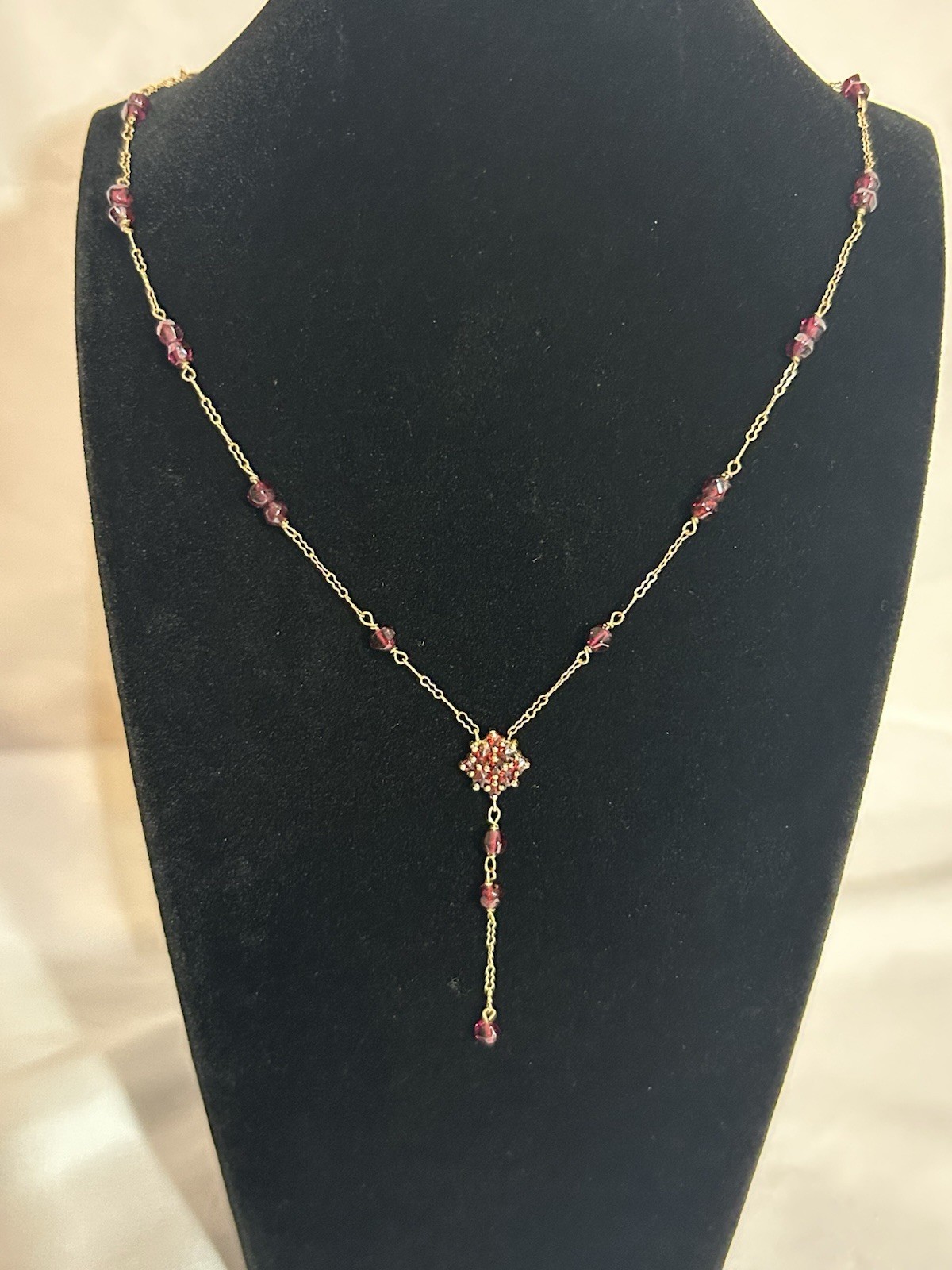 Vintage 10K, Gold Bohemian Garnet Lavalier Y-Necklace Matching Cluster Charm