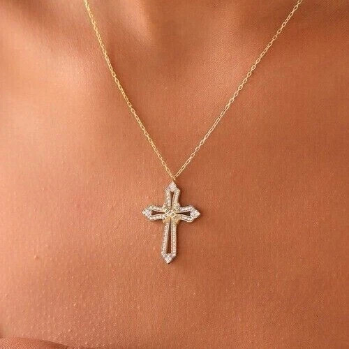 Sterling Silver Gold Finished Religious Two-Tone Diamond Cross Pendant Necklace
