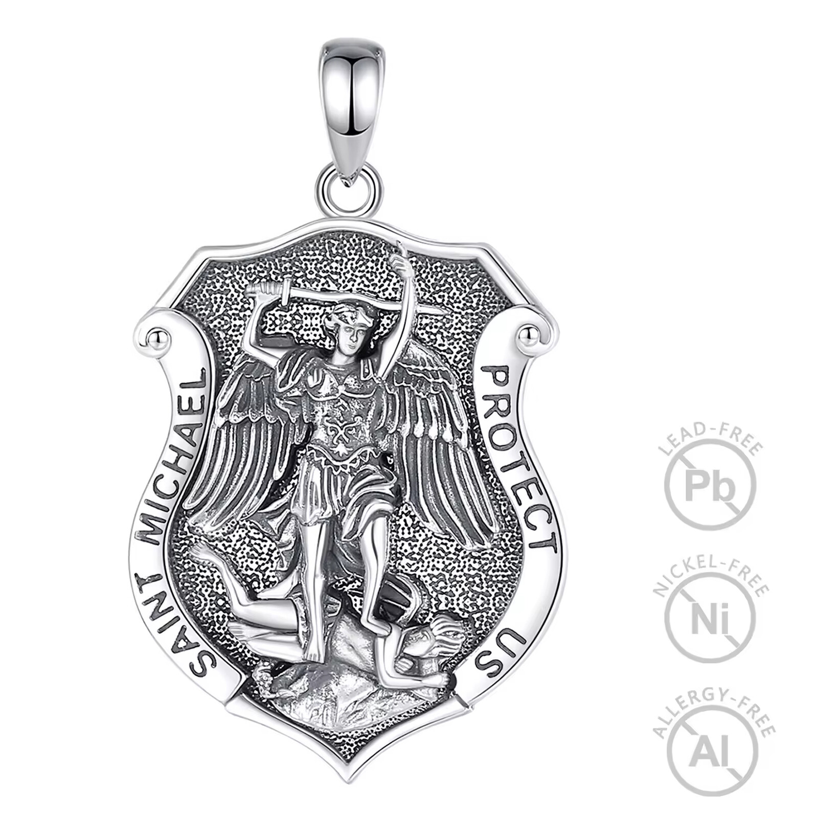 MLD 925 Sterling Silver Saint St Michael Shield Medal Pendant Necklace