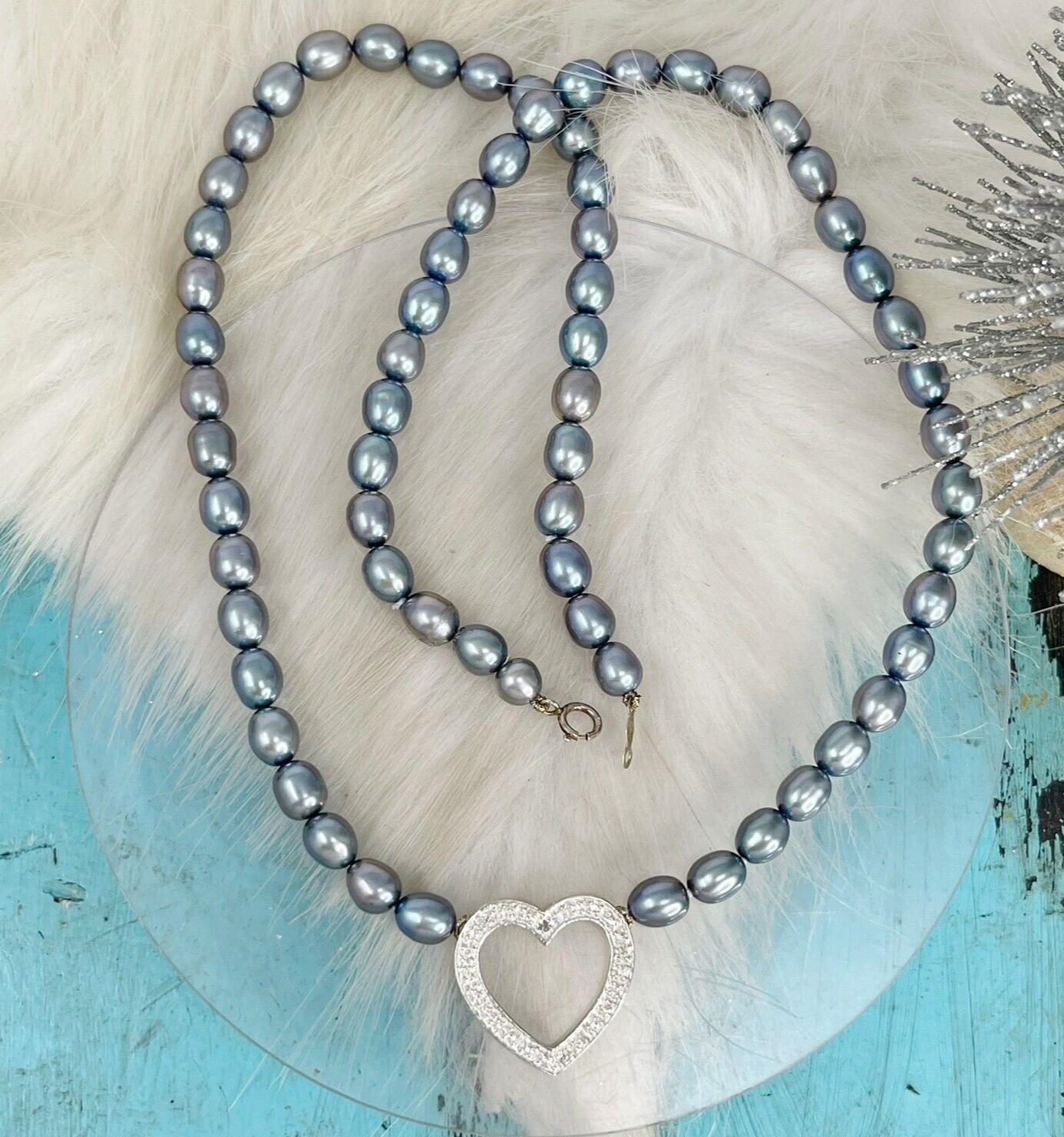 One Diamond Chip Freshwater Pearl Sterling Silver Heart Necklace Choker