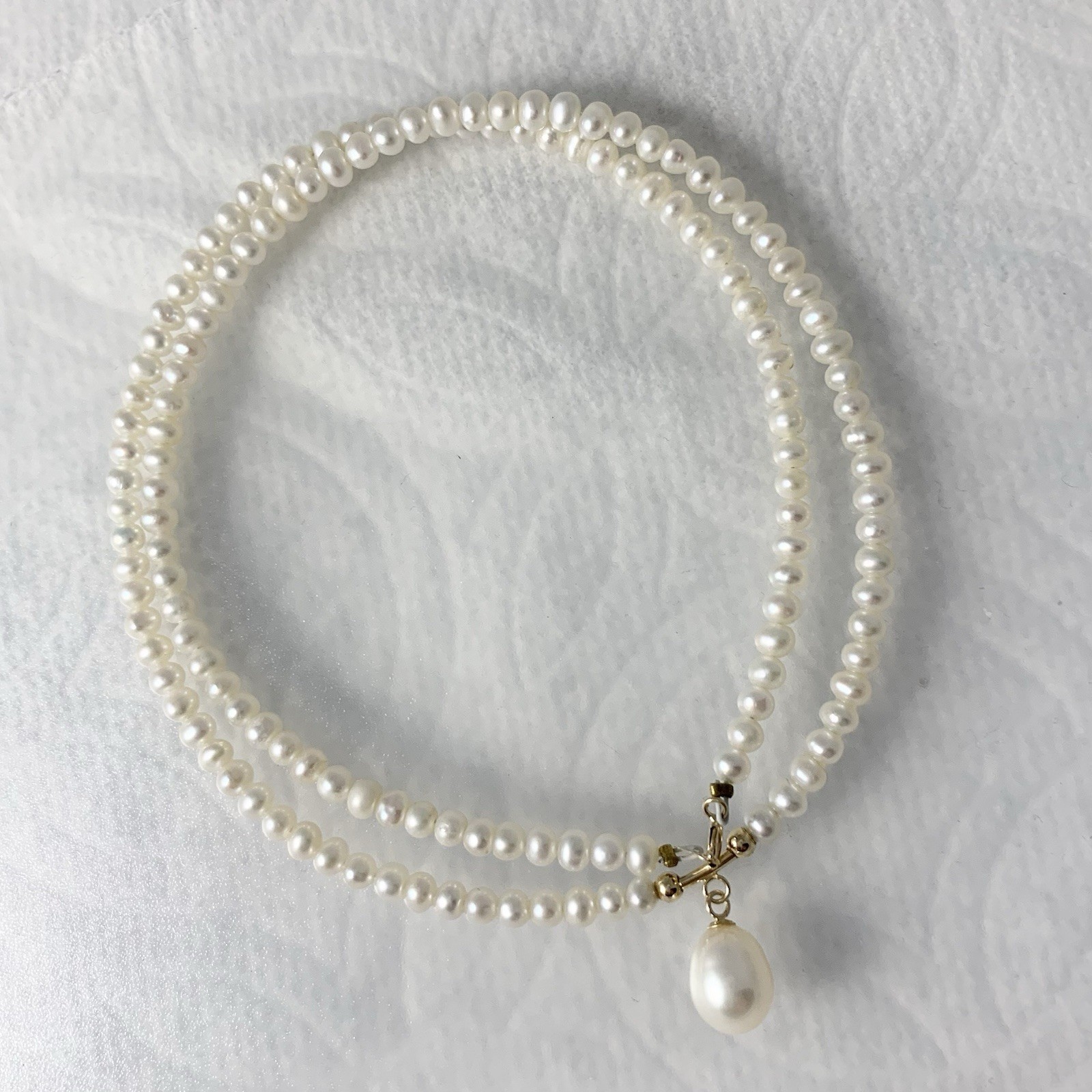 Pearl Necklace & Dangle 14k Yellow Gold 10.33gr FW White Pearl 4mm Dainty 19”