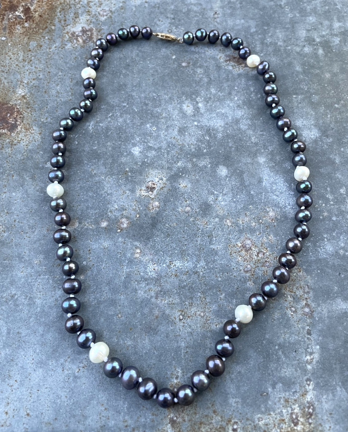 Tahitian Blue/Peacock Blue 5mm-7mm Pearl Necklace w/ gold vermeil clasp 18.5″