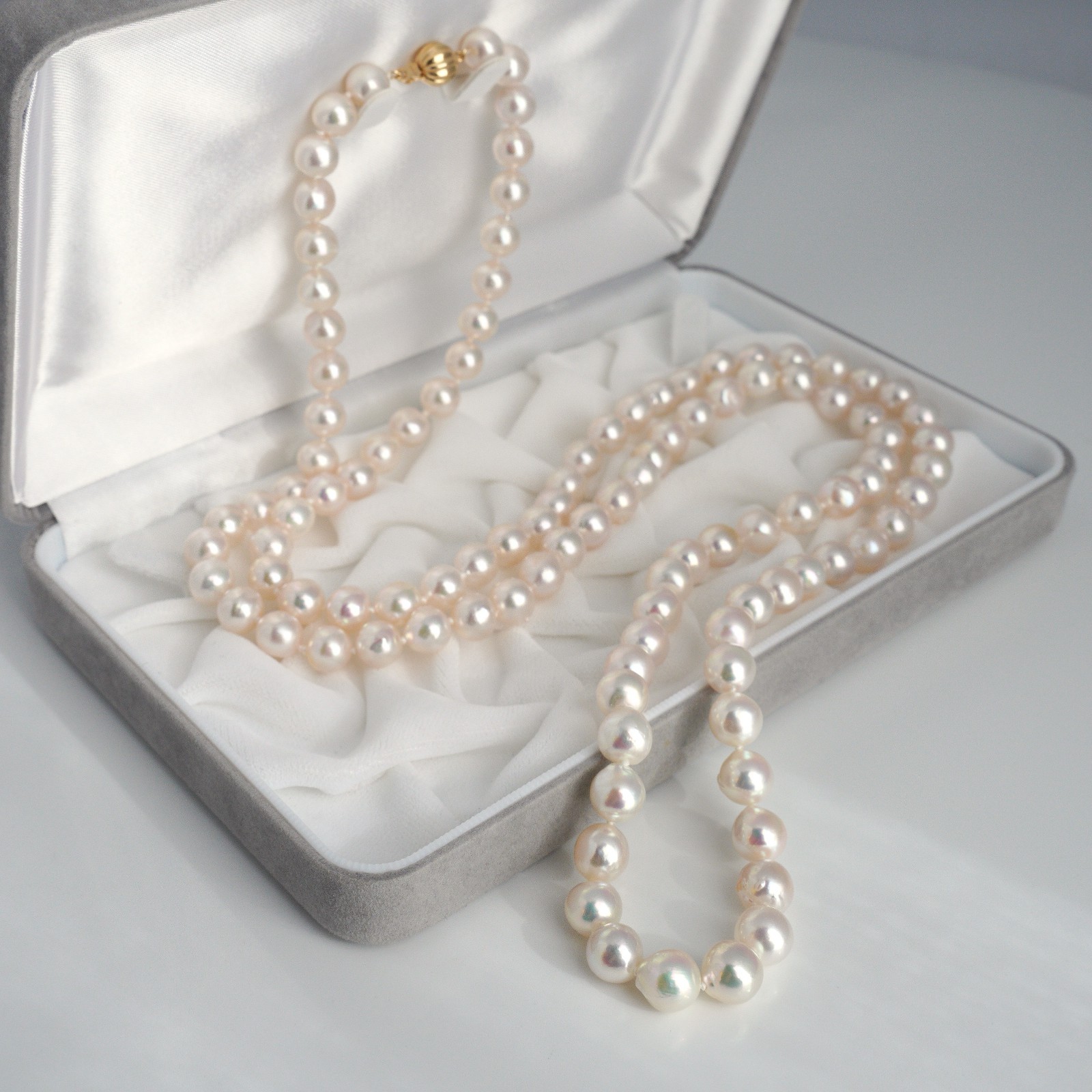 8-8.5MM White-Rose Japanese Akoya Pearl Long Strand Necklace 14K Yellow Gold,39″