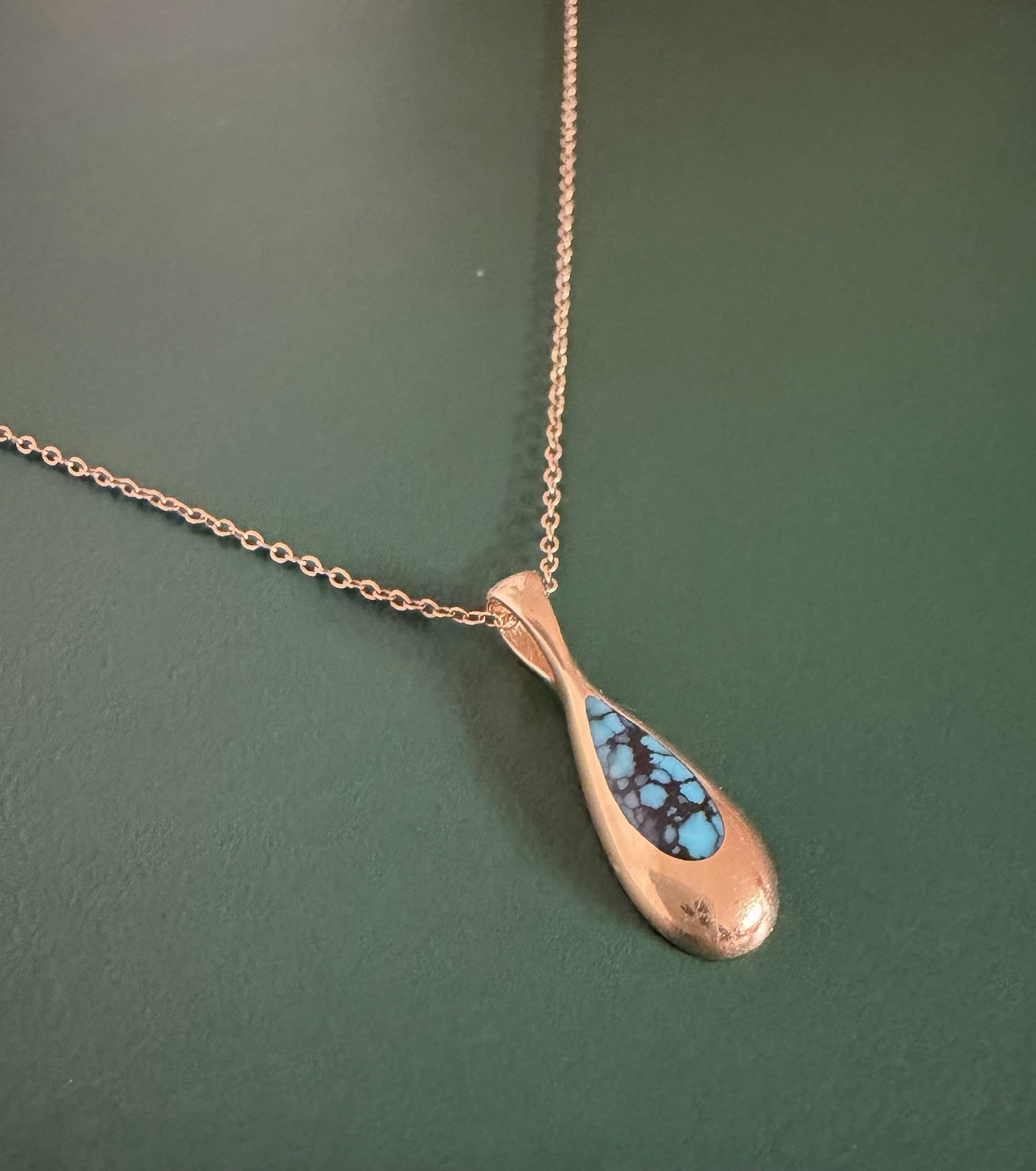 Estate Kabana 14k Yellow Gold Turquoise Teardrop Pendant & 14k Chain Necklace