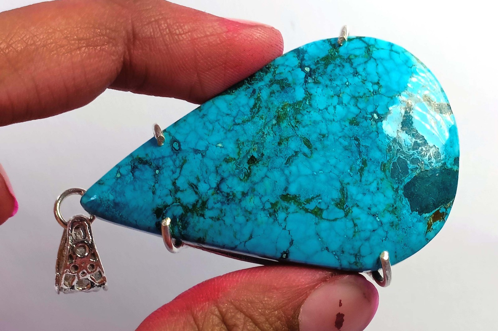 121 Ct Natural Blue Turquoise Pear Shape 925 Silver Pendant Free Chain 6AGJ
