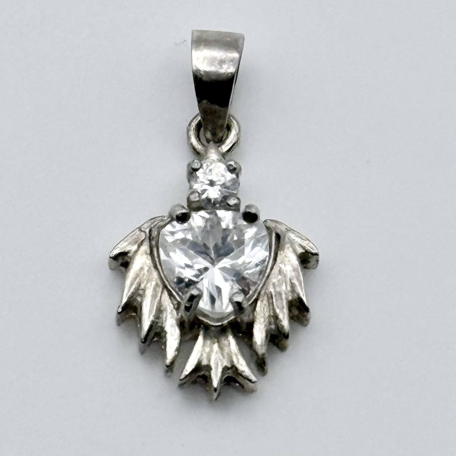 Vintage Sterling Silver 925 CZ Pendant Jewelry Angel Wings Guardian Angel NOS 1”