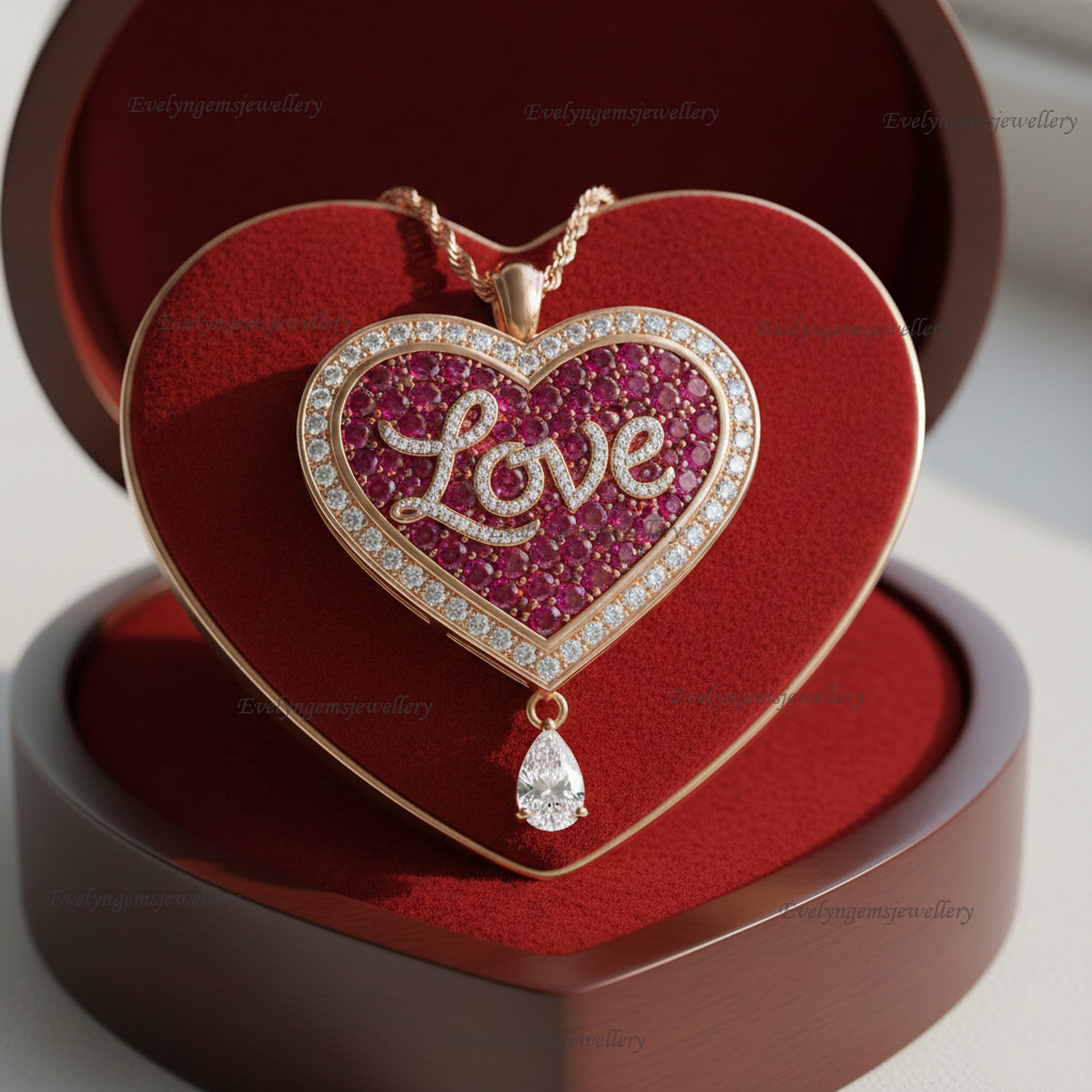 2CT Round Cut Lab-Created Ruby & Diamond Heart Valentine Pendant 14k Gold Plated