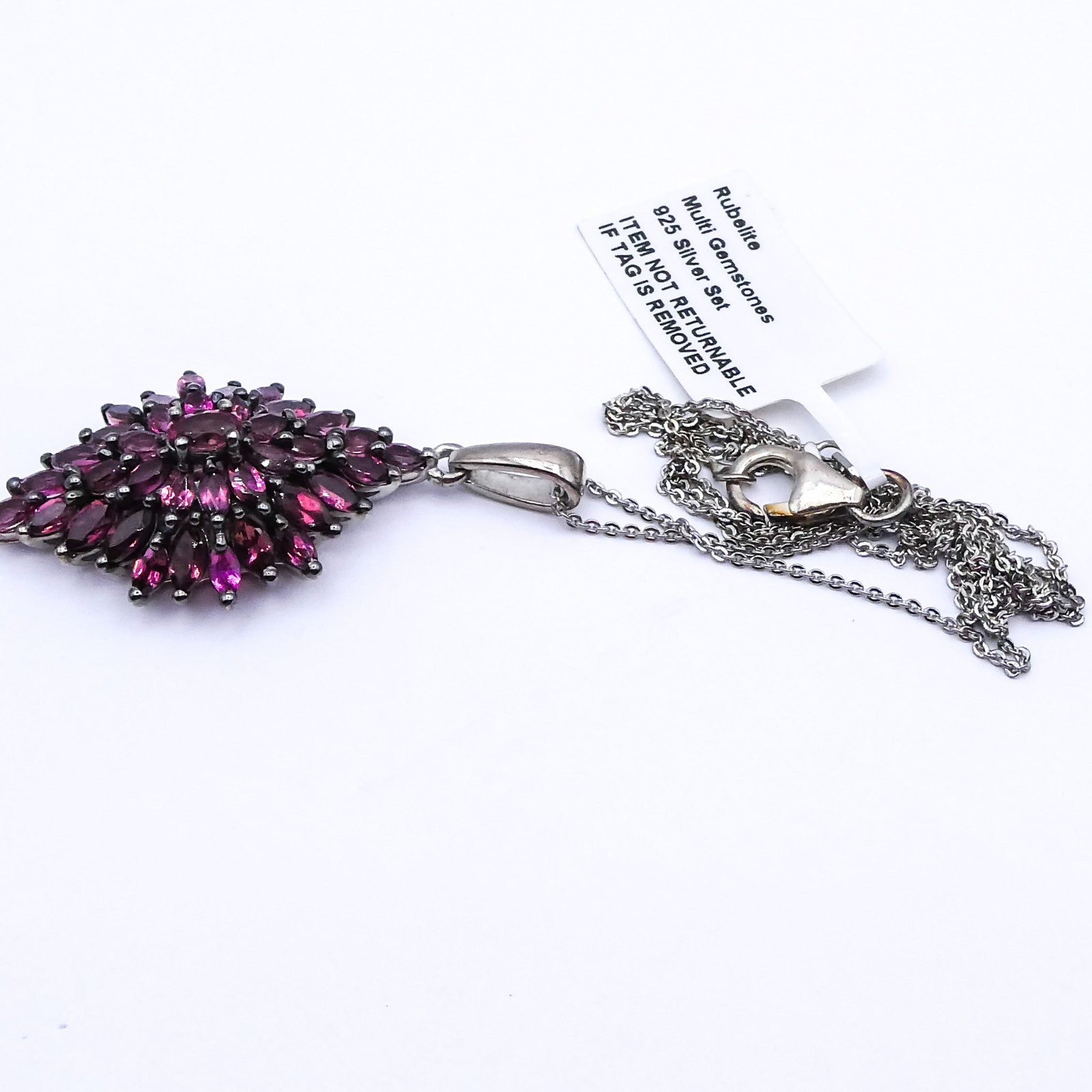 Djoy Rubelite Cluster Platinum Sterling Silver 20″ Pendant Chain Necklace