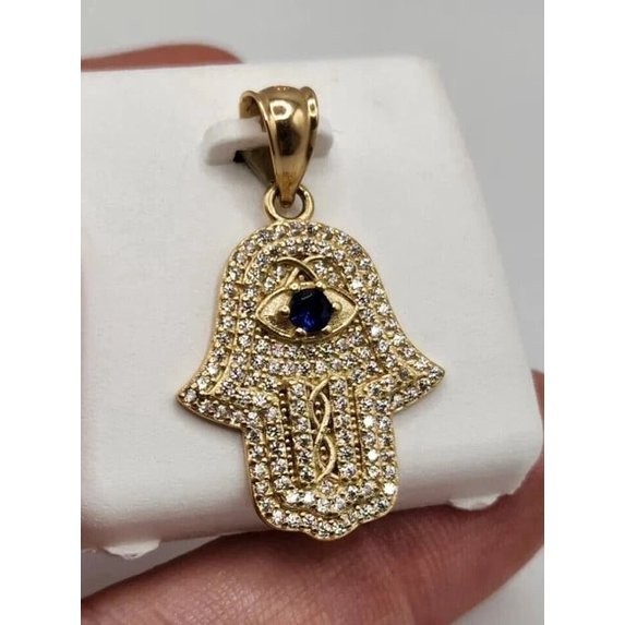 Evil Eye Hamsa Hand Pendant 2Ct Lab-Created Sapphire &Diamond 14K Yellow Gold FN