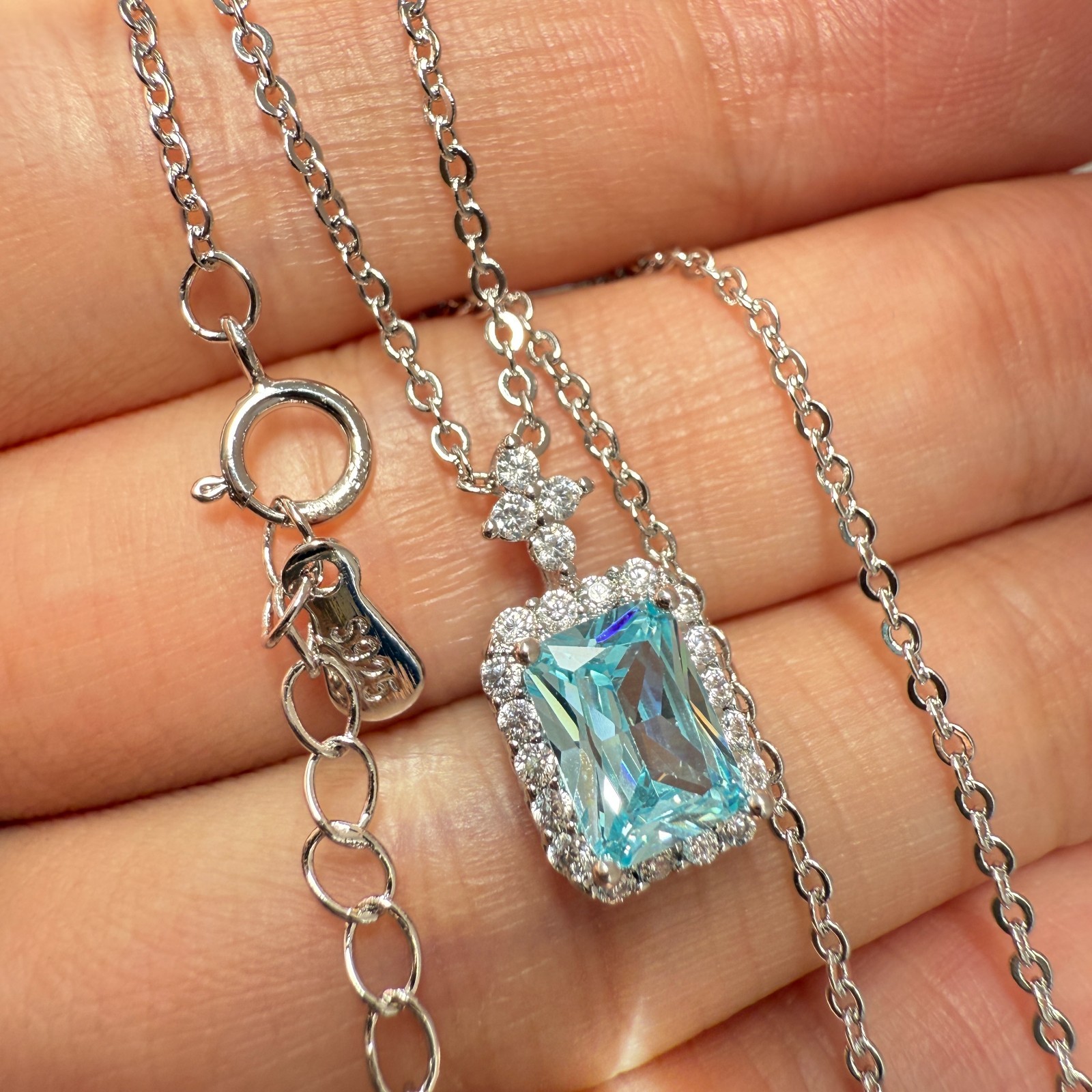 925 Sterling Silver Necklace 7x5mm Natural Aquamarine Birthstone Flower Chain