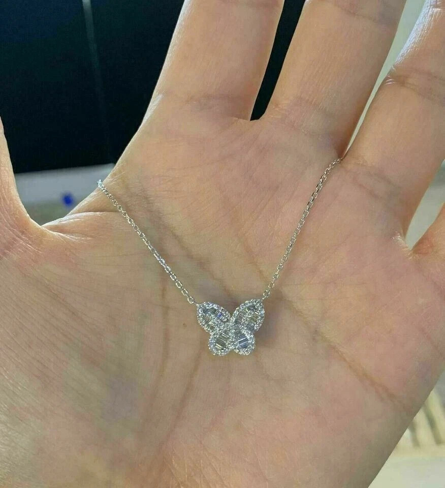 Pretty 2Ct Round Cut Diamond Butterfly Pendant 14K White Gold Finish Free Chain