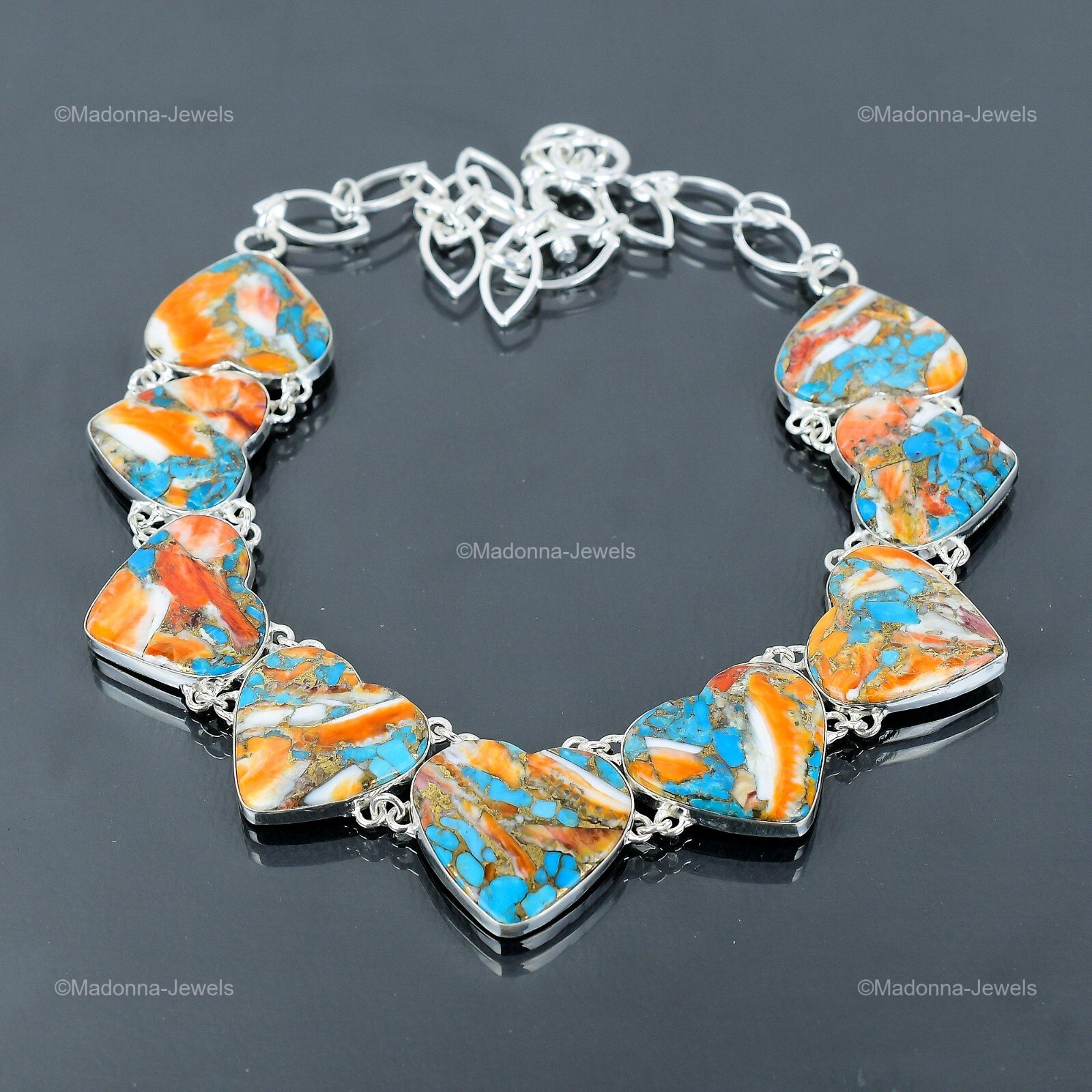 Spiny Oyster Copper Turquoise Gemstone Chain Elegant Necklace Jewelry 925 Silver