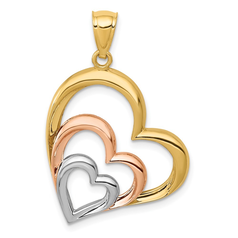 14K Two-tone Gold and White Rhodium Polished 3 Hearts Pendant L-1.01 Inch 1.53gm