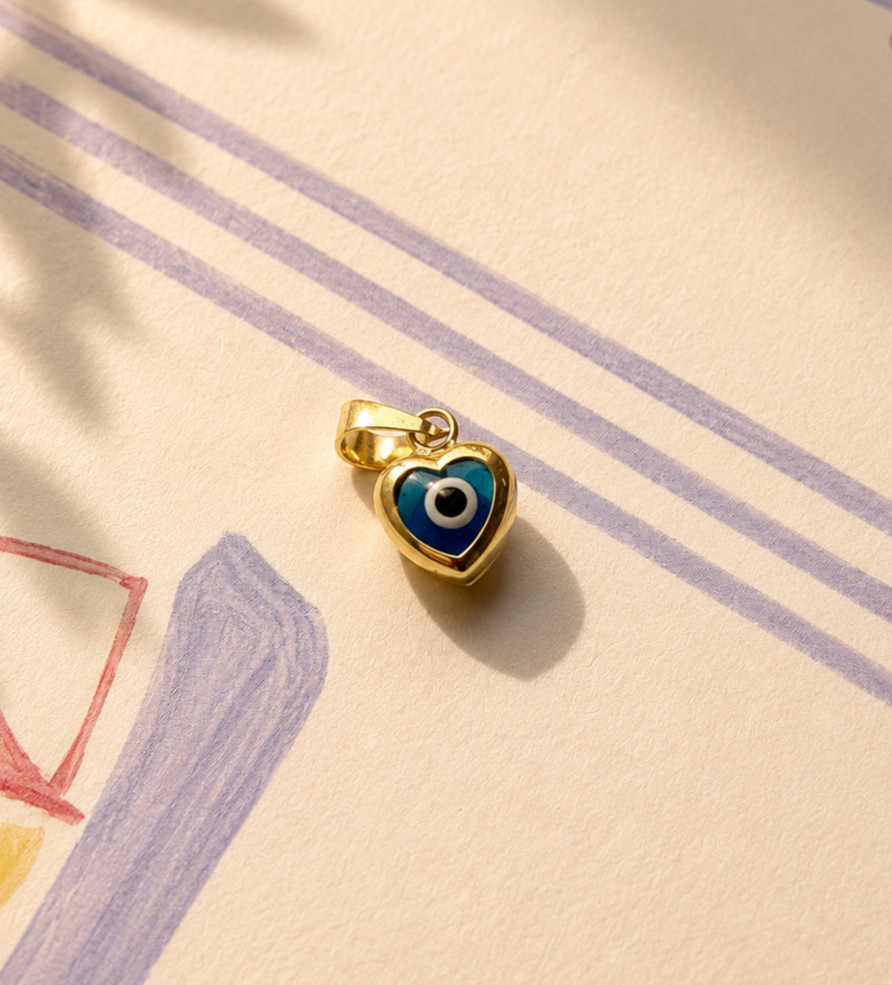 Real Solid 14K Yellow Gold Evil Eye Heart Charm Pendant, Blue Enamel, Gift