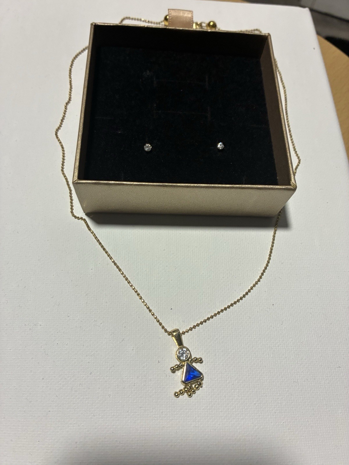 925 Sterling Silver Ball Chain Girl Charm Necklace Blue Triangle Sapphire