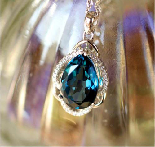 3 Ct Pear Cut London Blue Topaz Halo Pendant 14k White Gold Finish Free Chain
