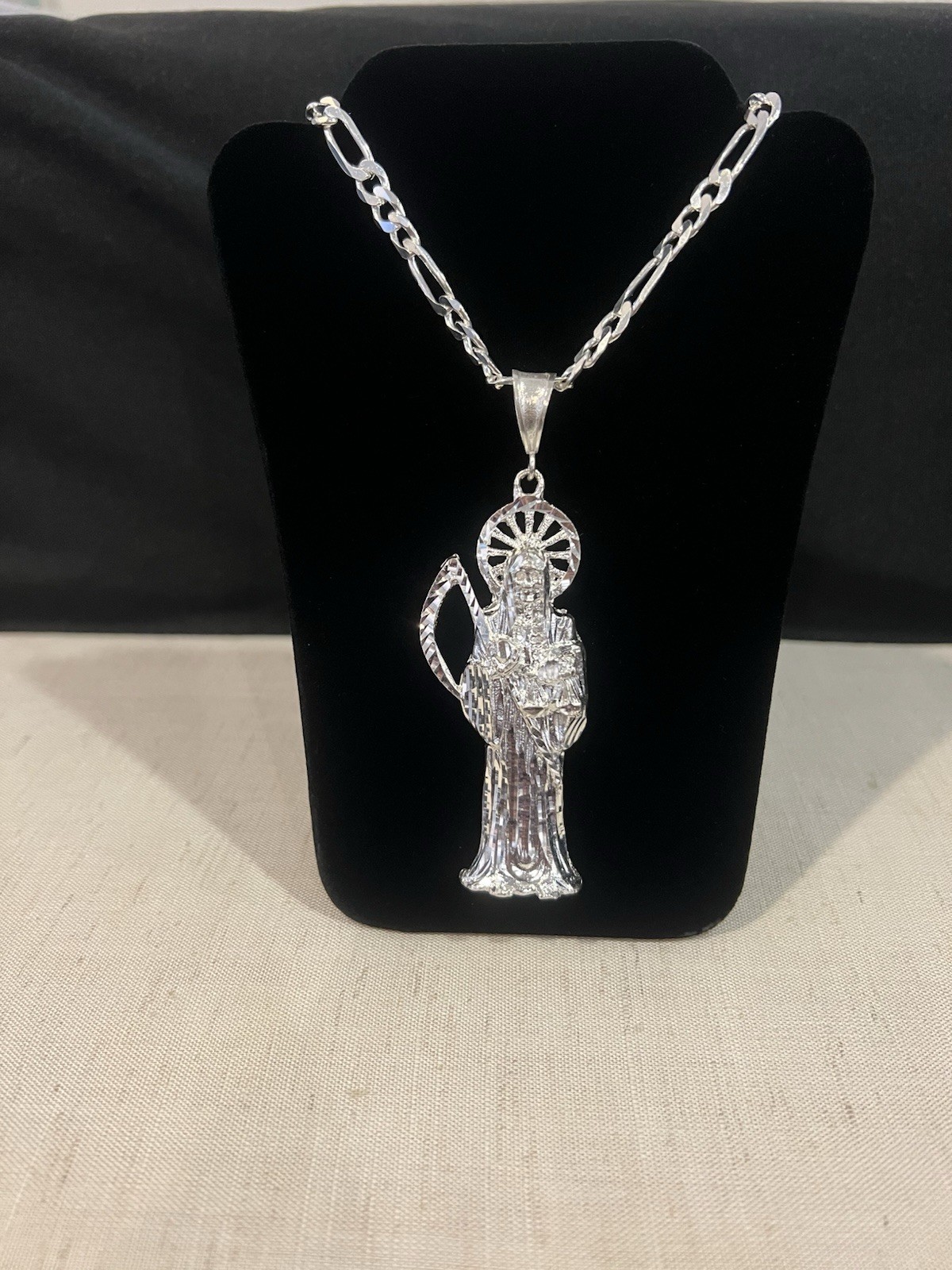 925 Sterling Silver BIG Men Women Santa Muerte Grim Reaper Figaro Chain 20 26 30