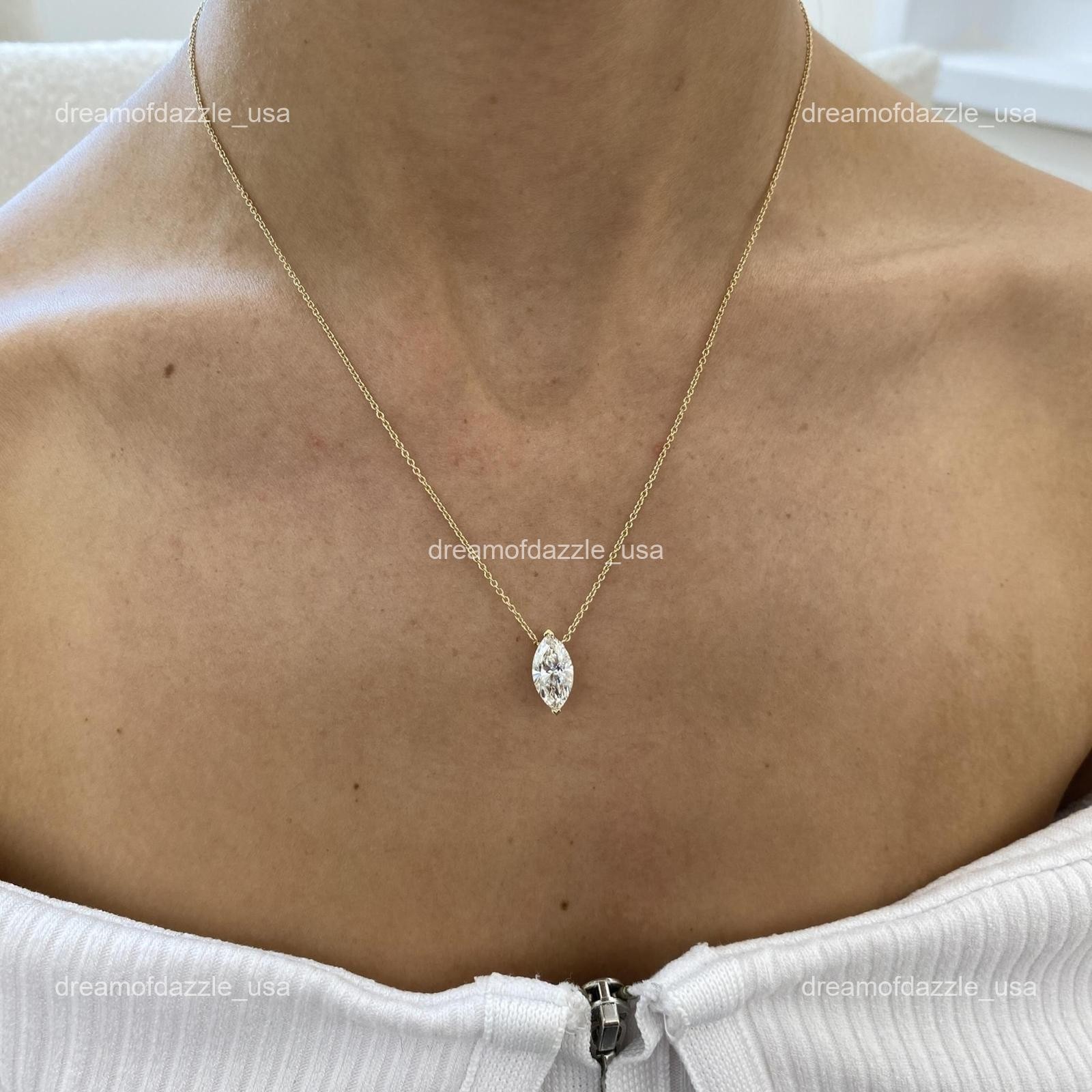 14K Solid Yellow Gold Marquise Lab Grown Diamond Birthday Chain Necklace Jewelry