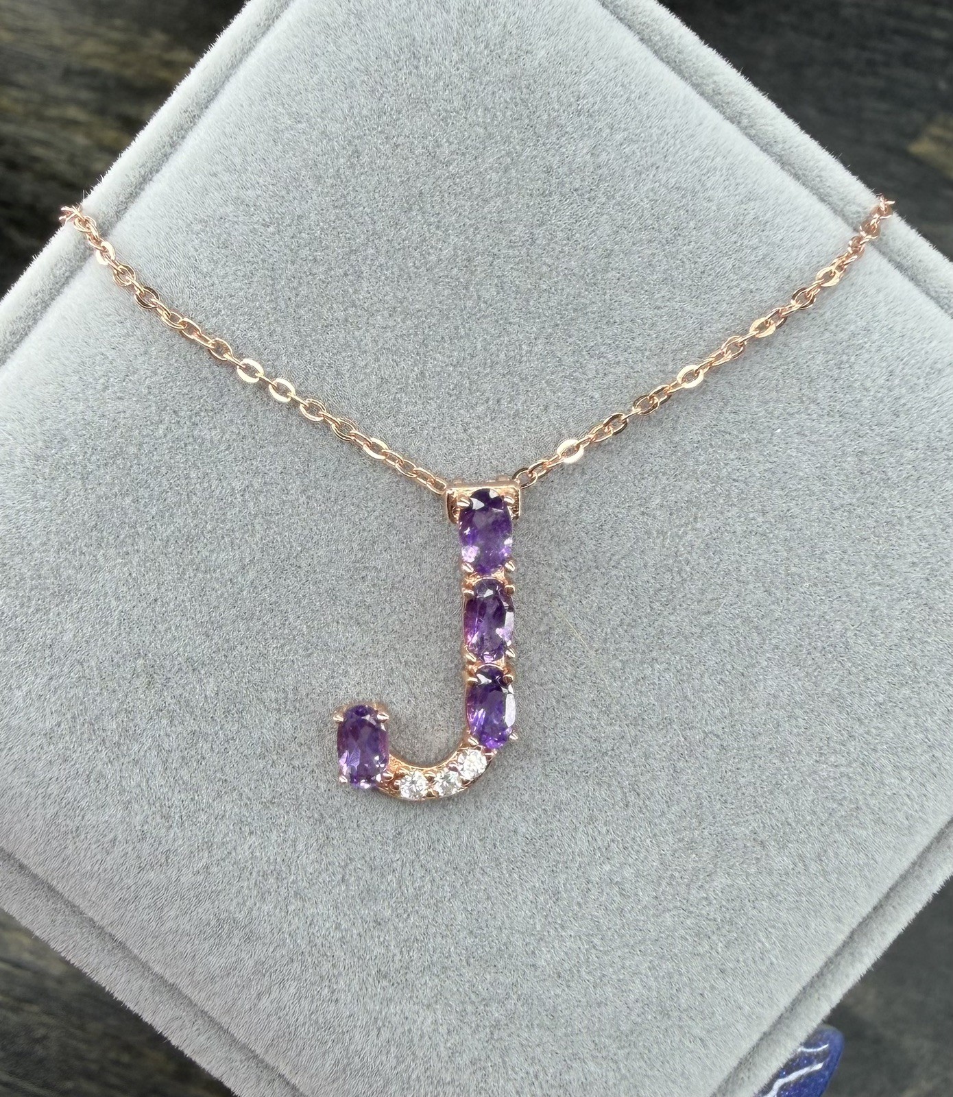 Stunning Natural Purple Amethyst Initial J -18K Rose Gold Pendant/Necklace 20 in