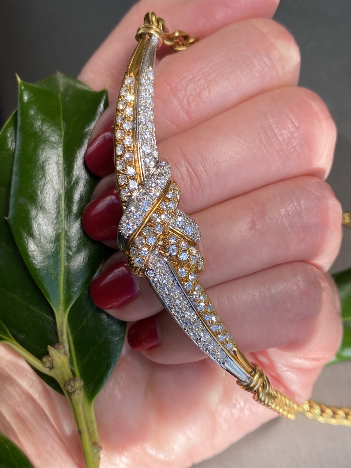 18K Yellow White Gold Diamond Love Knot X Crescent Vintage Cuban Chain Necklace