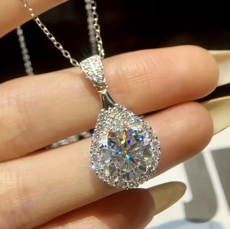 Sparkling White Moissanite Wedding Halo Pendant 14k White Gold 2.50 CT Round Cut