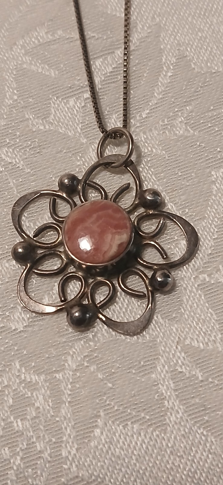 Vintage 925 Indo IBB Silver Coral Filigree Pendant, Chain, Floral, 925 Clasp