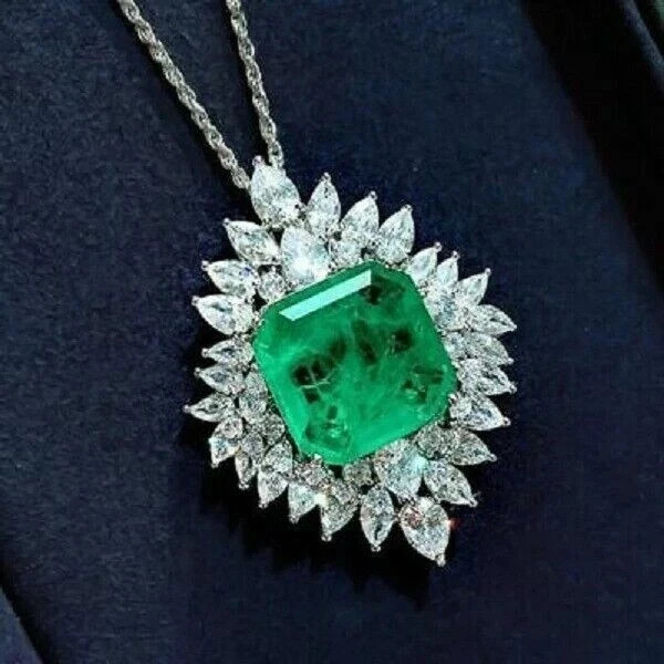 3Ct Asscher Lab Created Emerald Diamond Cluster Pendant 14K White Gold Plated