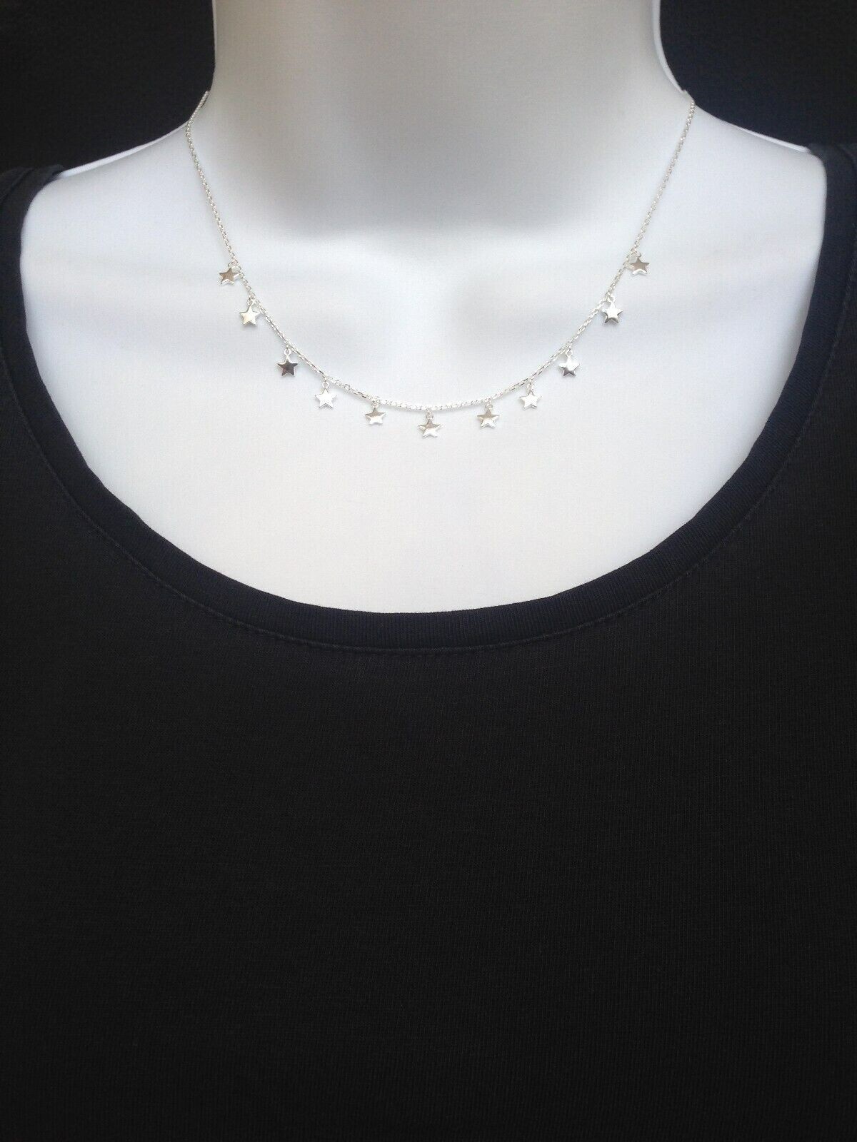 925 Sterling Silver Dangle Star Station Choker Necklace Dainty 3.5mm 15.5″ Women