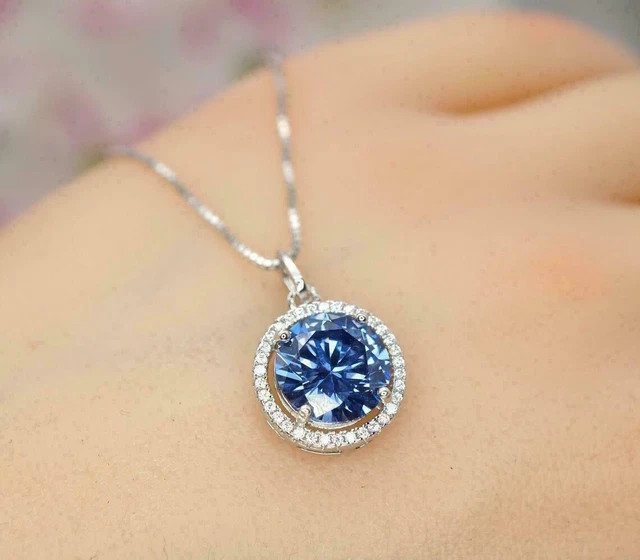 3Ct Round Tanzanite & Diamond Halo Pendant 14K White Gold Finish Free Chain