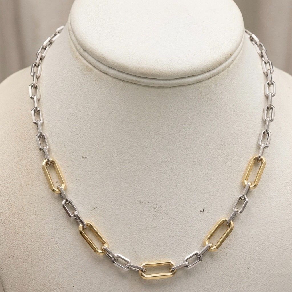 Knife Edge Paper Clip Oval Chain Necklace 14K Two-Tone Gold Plated Real Silver