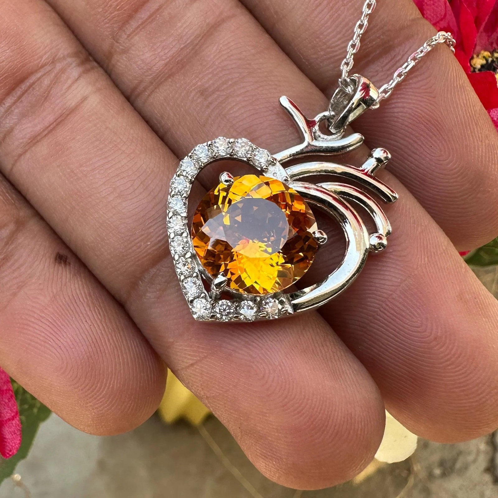Certified Orange Sapphire 27 Ct Heart Pendant Necklace 925 Sterling Silver
