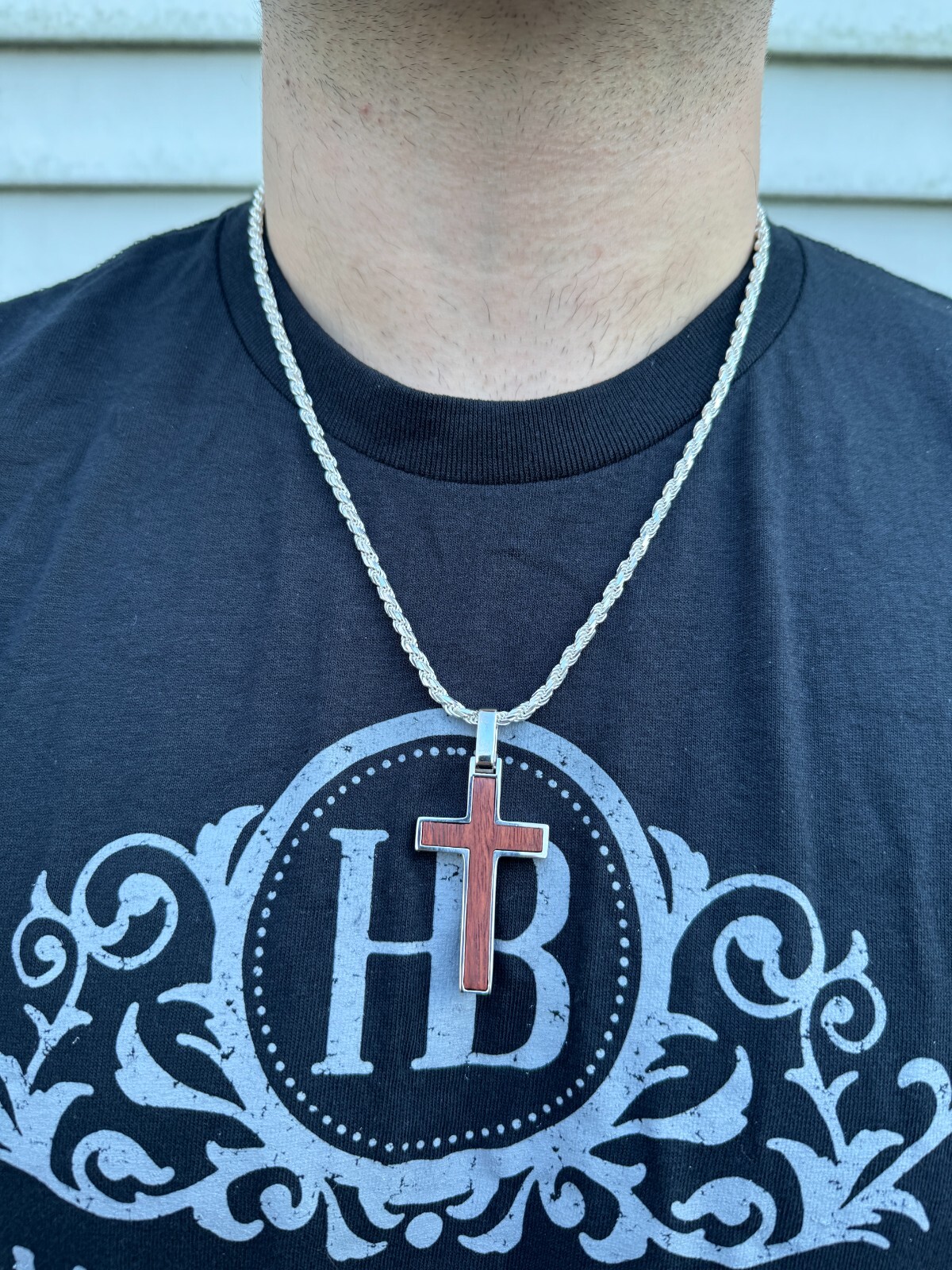 Large Mens Real 925 Silver & Wood Inlay Plain Religious Cross Pendant Necklace